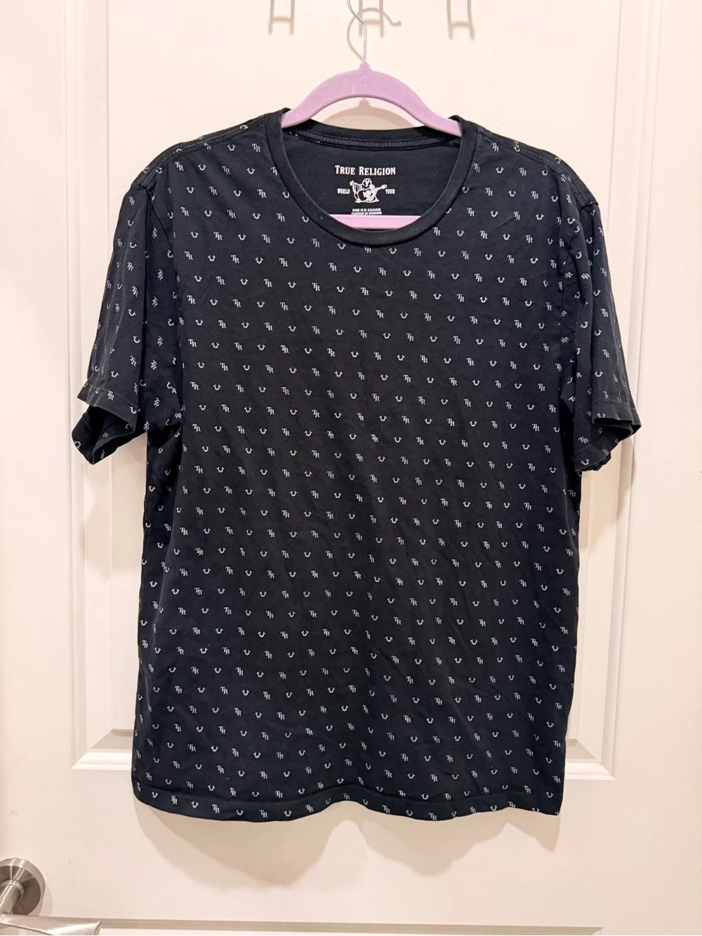 True Religion Men's Black All Over Monogram Horseshoe Logo Size L